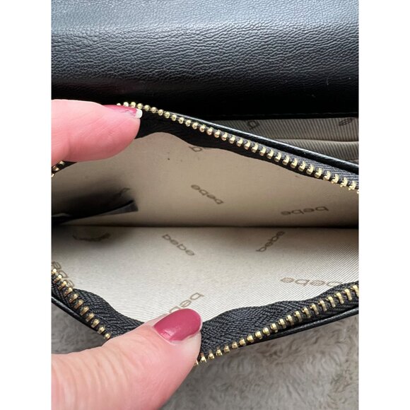 Bebe Quilted Black Leather Crossbody Purse With Gold Chain Strap & Rhinestone Lo - Picture 13 of 15